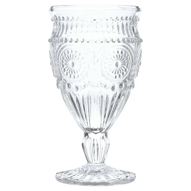 KitchenAxis 12-Ounce Vintage Footed Glass Goblets – Set of 4 Clear Embossed Drinkware