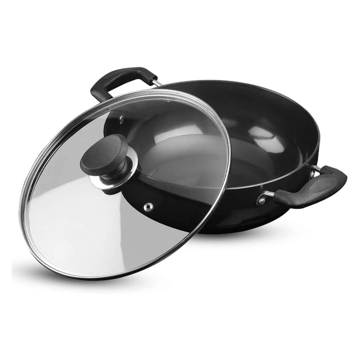 KitchenAxis 20cm Hard Anodized Deep Kadai with Glass Lid – Non-Reactive Wok for Frying & Curry - Image 2